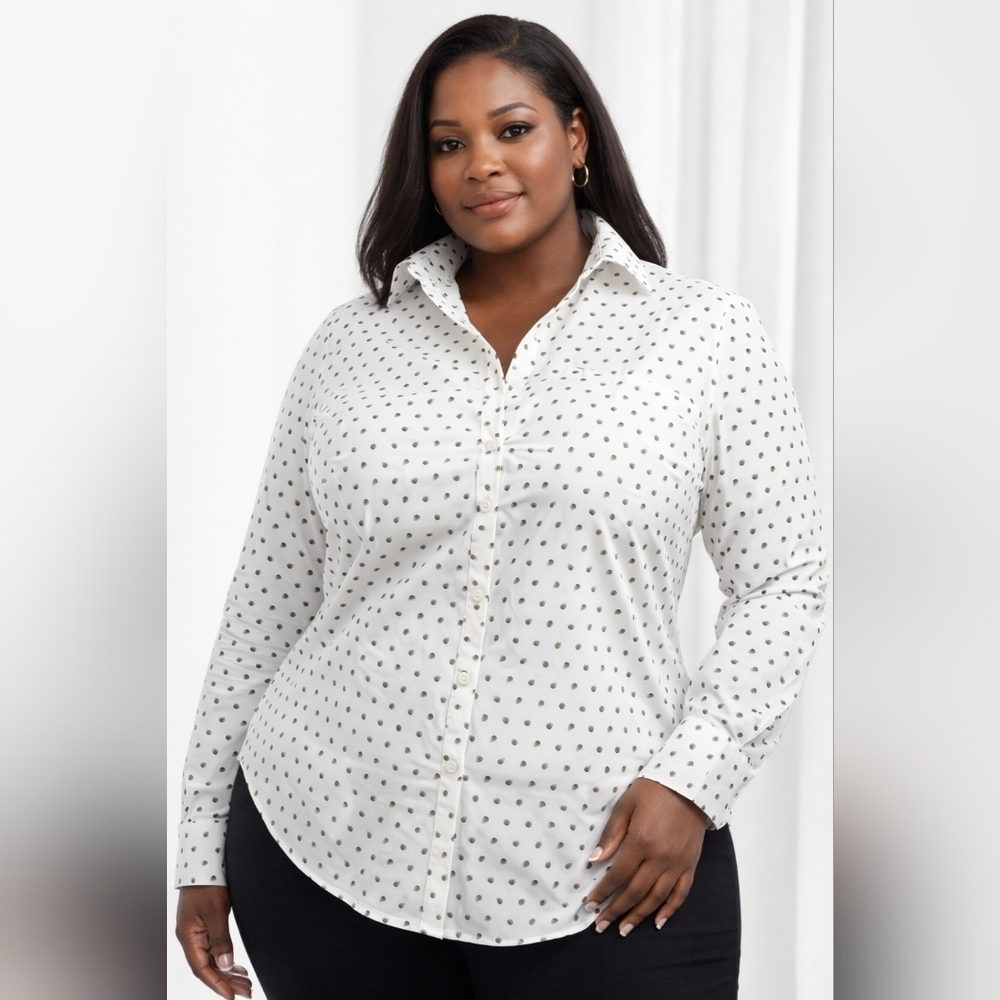 Lands' End Women's White and Black Polka Dot Button Down Shirt